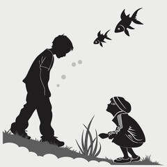 Children contemplating fish silhouette illustration boy and girl watching fish