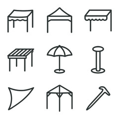 Shade Canopy Icons. Outline icon set of shade canopy: fabric canopy, pop-up tent, retractable awning