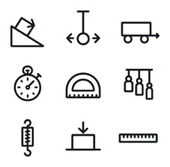 Physics Experiment Icons. Outline icon set of physics motion experiments: inclined plane, pendulum bob, rolling cart, stopwatch,