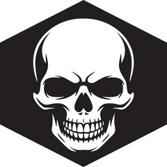 A stylized white skull centered on a black hexagon shape against a white background illustration