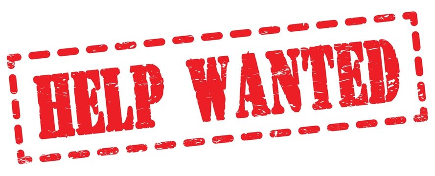 HELP WANTED text written on red stamp sign.