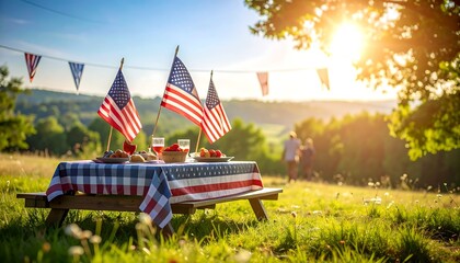 Festive picnic scene at sunset, with American flags and bunting