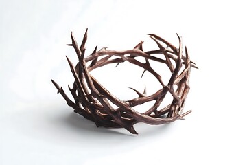 Fototapeta premium A meticulously crafted crown of thorns, made of interwoven twigs, symbolizing suffering and sacrifice against a light-gray background