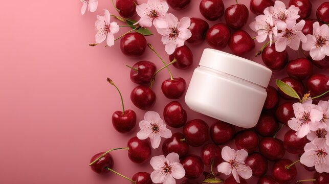 Fresh cherries and delicate cherry blossoms create a vibrant arrangement around a white cosmetic jar. The soft pink background enhances the springtime feel, ideal for skincare themed content