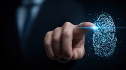 A hand reaches toward a holographic fingerprint displayed in the air, showcasing advanced biometric technology used for identity verification in various sectors including security and finance
