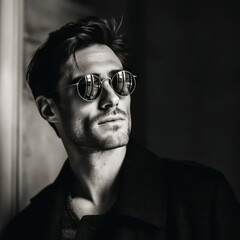 Obraz premium stylish man wearing sunglasses, exuding confidence and sophistication in monochrome setting. His is thoughtful, adding depth to image