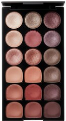 Eye shadow palette with 16 round pans.  Various shades of warm rose, mauve, and taupe.  Black plastic casing.  High quality