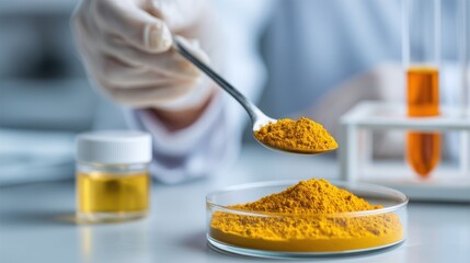 A scientist in a lab prepares a sample of turmeric powder using a spoon. The setting includes a dish with powder and glassware. The focus is on an experiment related to health research