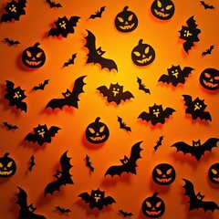Escena de Halloween con calabazas decoradas y murciélagos en un fondo colorido naranja vibrante. Fondo de Halloween