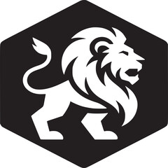 A white lion in a black hexagon shape with a majestic mane and tail in a simple graphic style