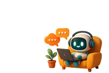 Cute Robot Wearing Headphones and Sitting on an Orange Couch While Chatting Online With a Laptop and a Plant Nearby