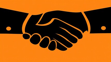  Black silhouette of two hands shaking, simple vector graphic on an orange background, a business concept icon for logo design or website template. 