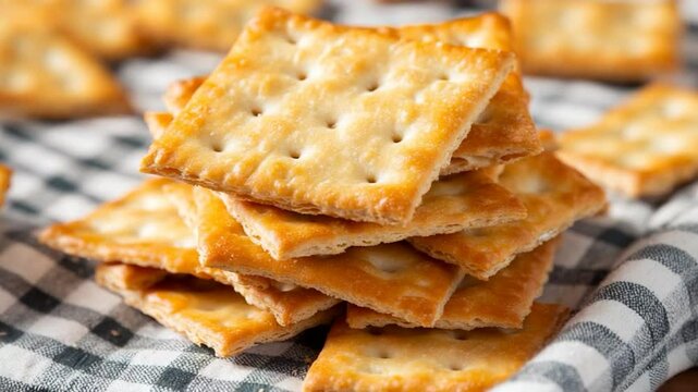 Stack of square crackers on checkered cloth food photography