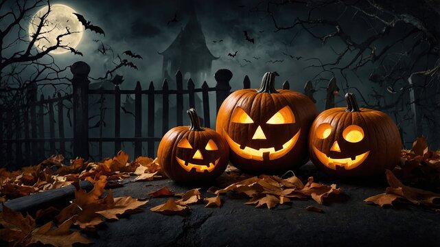 Fondo de Halloween con calabazas iluminadas en un cementerio con niebla y murci&eacute;lagos de fondo y la luna llena iluminando la escena