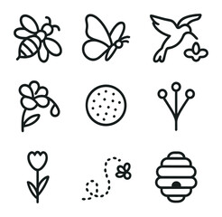 Plakat Pollinators Icon Set. Outline icon set of pollinators and flowering plants: bee, butterfly, hummingbird, flower nectar, pollen