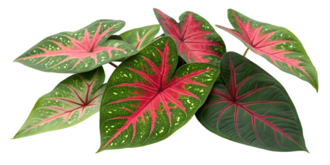Vibrant Caladium Leaves with Red and Green Patterns - Tropical Foliage Isolated on Transparent Background