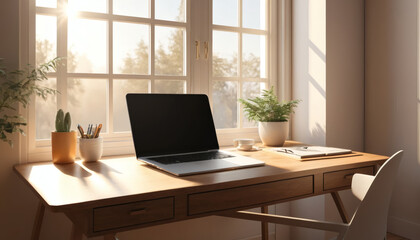 Bright Workspace: Laptop and Plants by Window