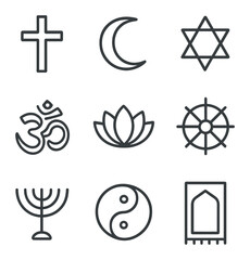 Religious Symbol Icons. Outline icon set of religious symbols: cross, crescent, star of david, om symbol, lotus flower, dharma