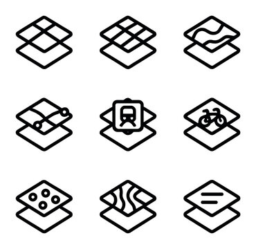 Map Layer Icons. Outline icon set of map layers: satellite layer, street layer, terrain layer, traffic layer, transit layer,