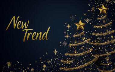 An elegant golden Christmas tree decorated on a dark blue background, with stylish golden lettering 'New Trend' on the left side of the festive design.