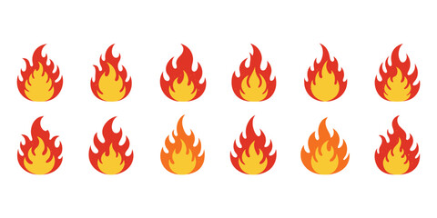 "Flame and Fire Icons Set – Flat Vector Illustrations of Burning Flames in Various Styles"
