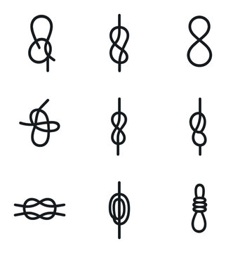 Rope Knot Icon Set. Outline icon set of rope knots: bowline knot, clove hitch, figure-eight knot, sheet bend, rolling hitch, half