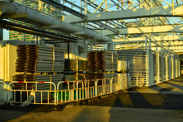 Close-up of the pile of material of metal scaffolding for work. Construction concept. Construction equipment.