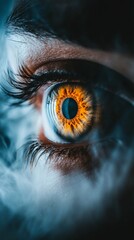 Close up Macro Shot of a Human Eye with Amber Iris Smoky Atmosphere