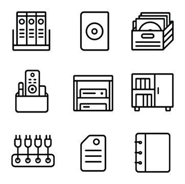Media Storage Icons. Outline icon set of media storage and organization: Blu-ray shelf, DVD case, vinyl crate, remote caddy,
