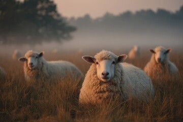 Fototapeta premium Flock of Sheep Grazing in a Golden Field During a Foggy Sunrise, Pastoral Scene with Livestock in Natural Habitat
