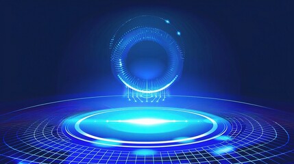  Abstract blue technology background with a glowing ring and grid for a digital future or science fiction design.