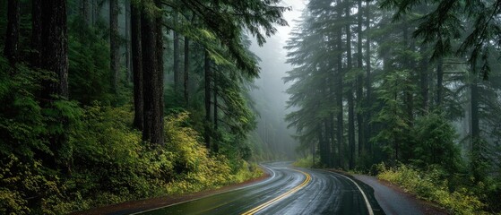 Obraz premium Rainy Forest Road Scenic Nature Photography Misty Woods Lush Greenery