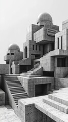 Architectural Concrete Structure with Geometric Staircases and Domes