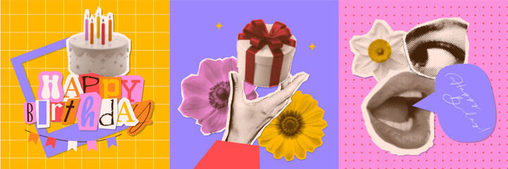 Happy birthday Halftone Y2k collage square cards set. Retro Hand giving present, mouth saying congratulations, bday cake with candles. Event, holiday, mixed media style cards. Vector illustration