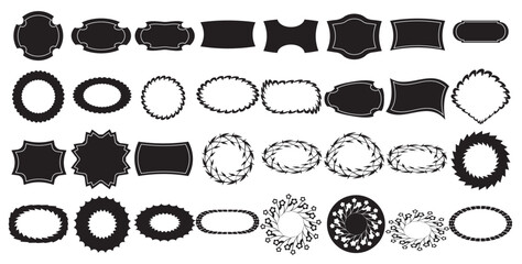 Set of vintage frames of various shapes. Decorative borders. Labels, price tags, stickers. Isolated frames on white background.
