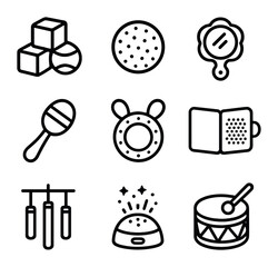 Sensory Toy Icons. Outline icon set of sensory stimulation: colored blocks, textured ball, mirror toy, rattle, teether, tactile