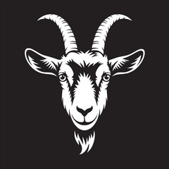 Naklejka premium A stark white goat head illustration with detailed horns and beard on a black background design art