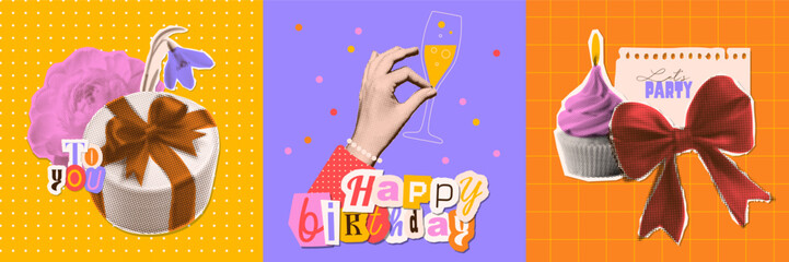 Happy Birthday square cards and invitations set with flowers, gift,, cupcake, and hand holding champagne glass. Birthday party, celebration, congratulations, invitation concept. Vector illustration.