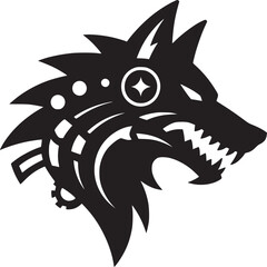 Black and white graphic design of a wolf head with mechanical and futuristic elements on a white background