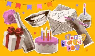 Happy Birthday vintage halftone collage stickers set in retro dotted zine design. Collection with hand, olding holiday cake with candles, champagne bottle, flower, gift box. Vector illustration.