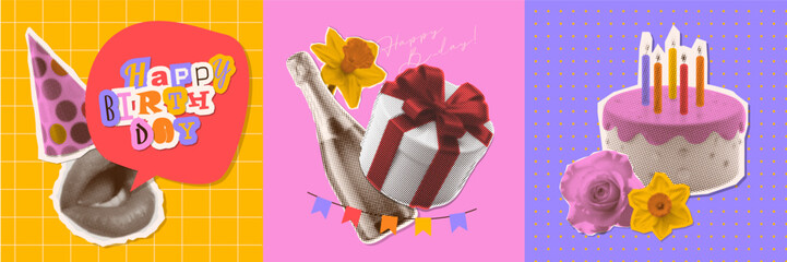 Happy birthday square greeting cards templates set. Vector halftone collage illustrations of mouth in cap, birthday cake, gift box, champagne bottle, lettering for a invitation or background