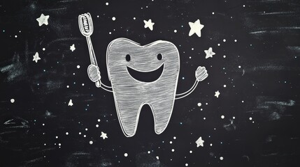 Happy tooth character holding toothbrush in a starry space background design for children's dental health awareness