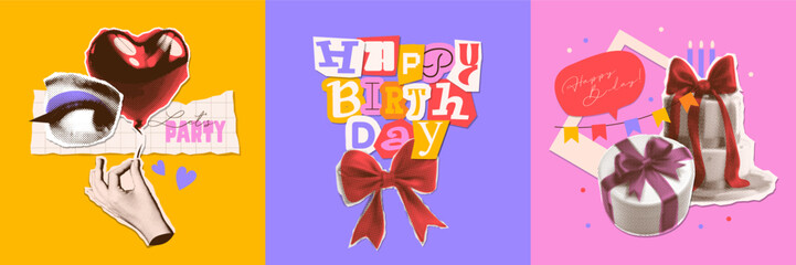 Retro torn out paper Collage Happy birthday cards design in trendy dotted pop art style. Retro halftone effect. Set of birthday elements. Hand with cake, gift, balloon, eye and hand. Vector design