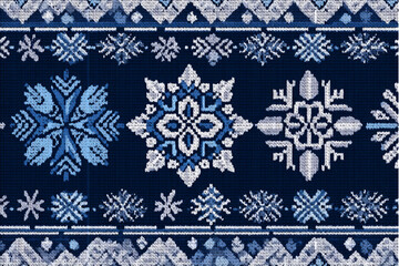 Blue and white knitted snowflake pattern with geometric border on a dark blue background texture