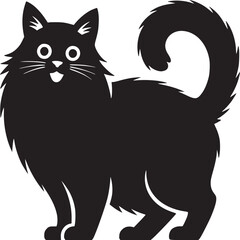 A black cat with a fluffy tail standing on a white background in a cartoon style illustration