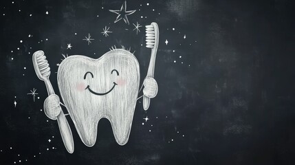 Cheerful cartoon tooth character holding toothbrushes and smiling against a chalkboard background during a playful dental hygiene theme