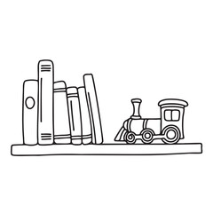 Obraz premium A toy train resting by books lined on a shelf
