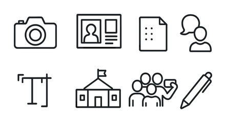 Icon set for communication and office use - camera, id, document, and pen symbols