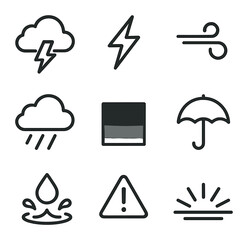 Fototapeta premium Storm Icon Set. Outline icon set of stormy horizons: thundercloud, lightning bolt, wind swirl, rain shaft, dark sky gradient,