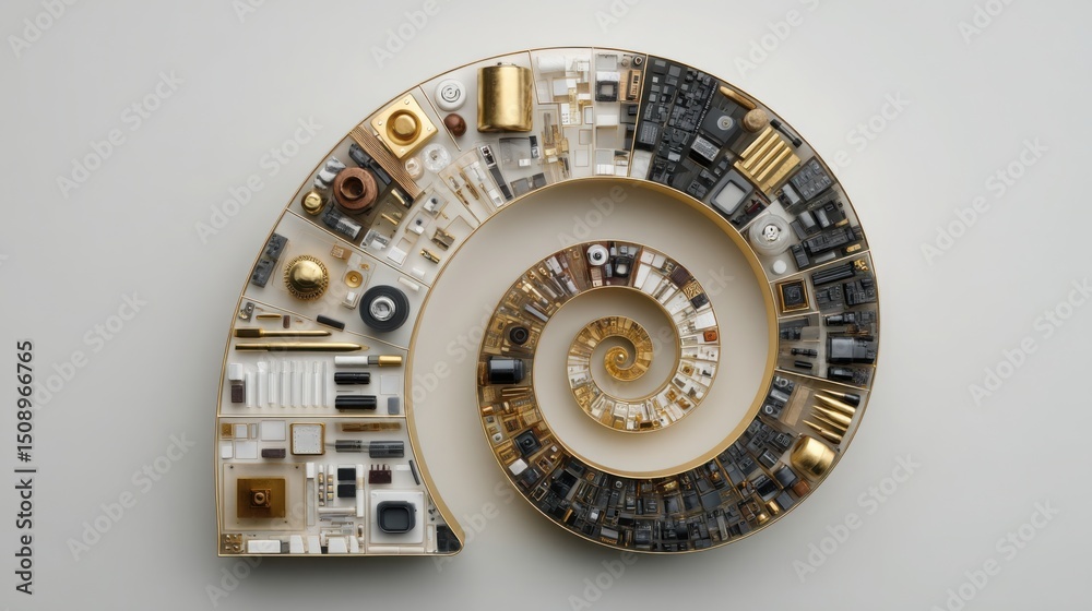 Poster an abstract spiral shaped object emphasizing creativity and design principles related to the golden 